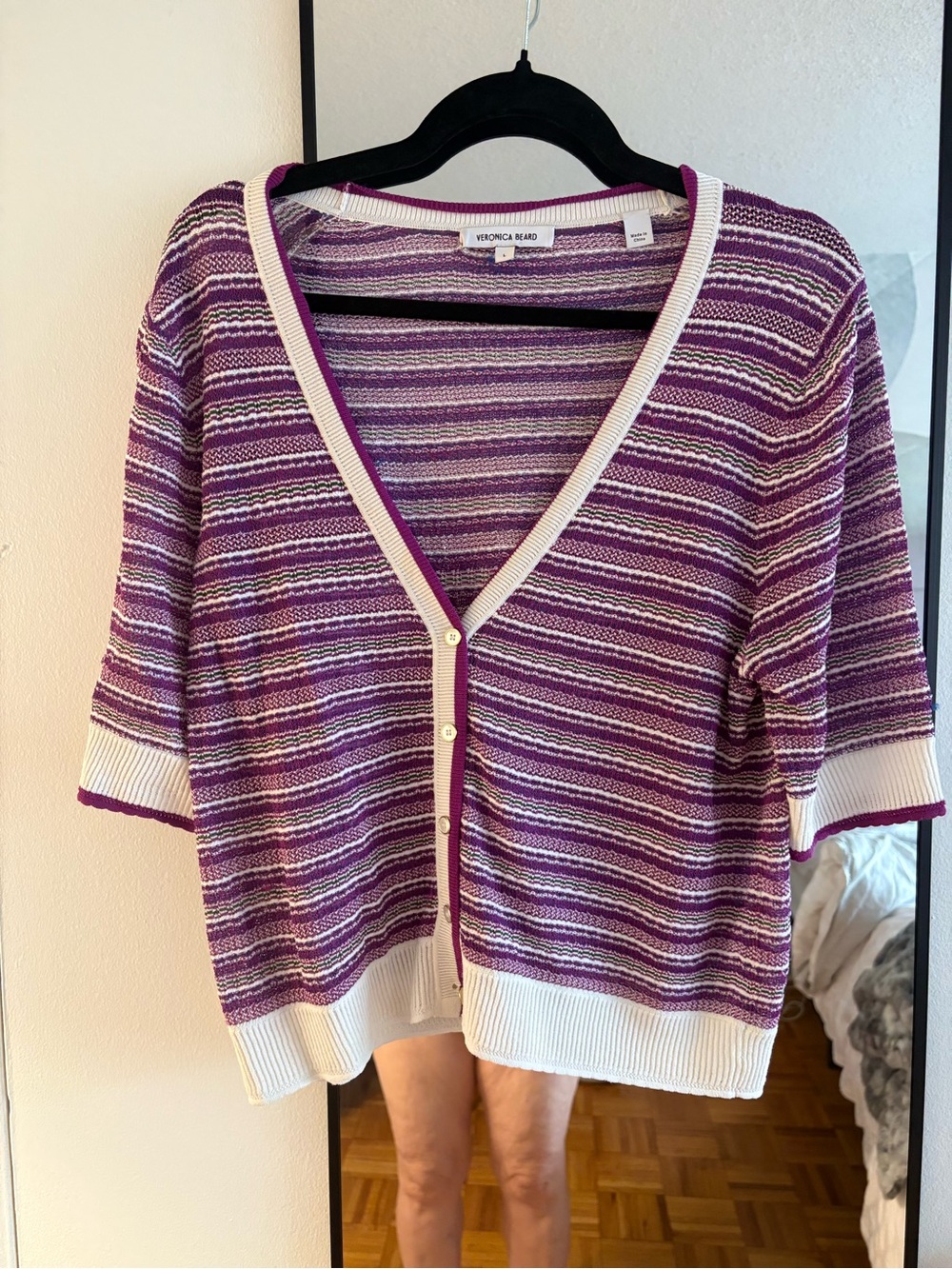 Veronica Beard Purple and Cream Striped V-Neck Button Cardigan